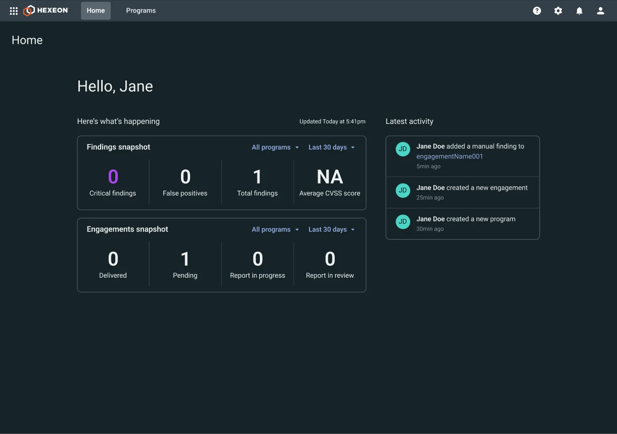 New Hexeon Home with findings, engagements, and recent activity