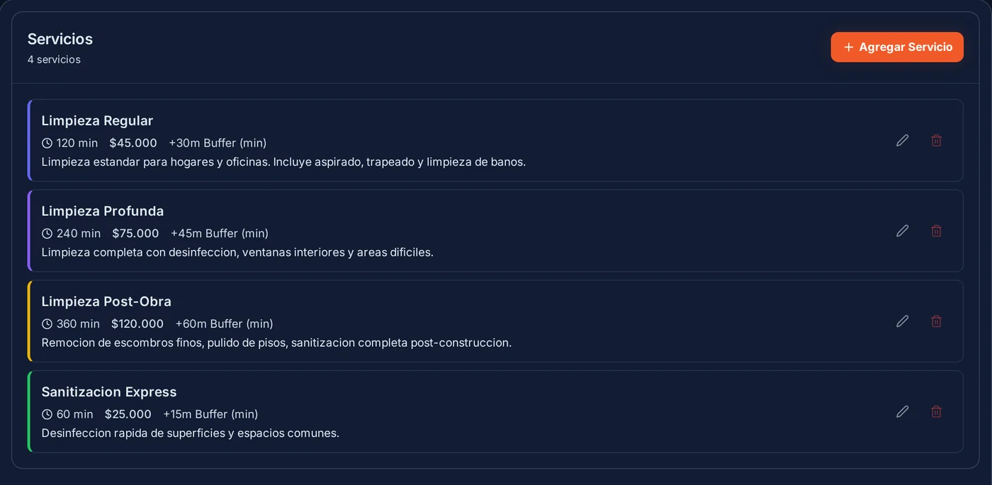 The panel's Services tab with each service, its duration and its price