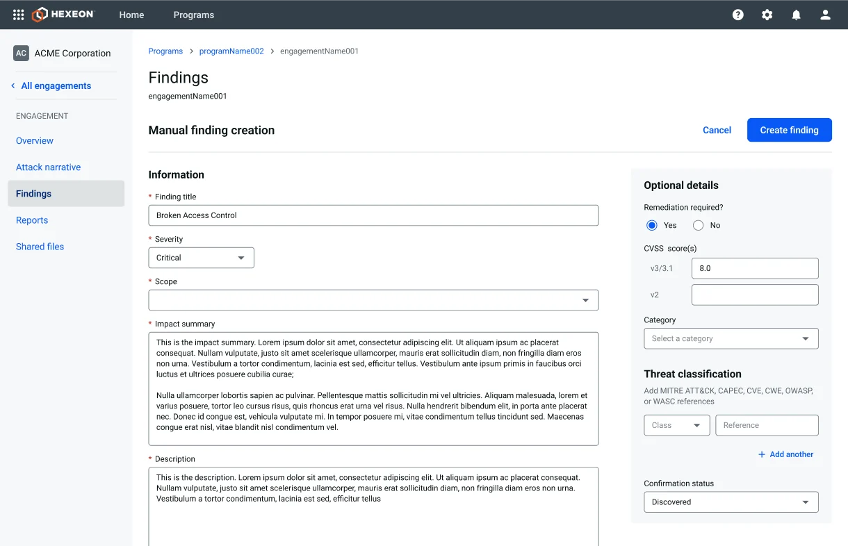 New form for creating a finding: clear fields, guided severity, and confirmation