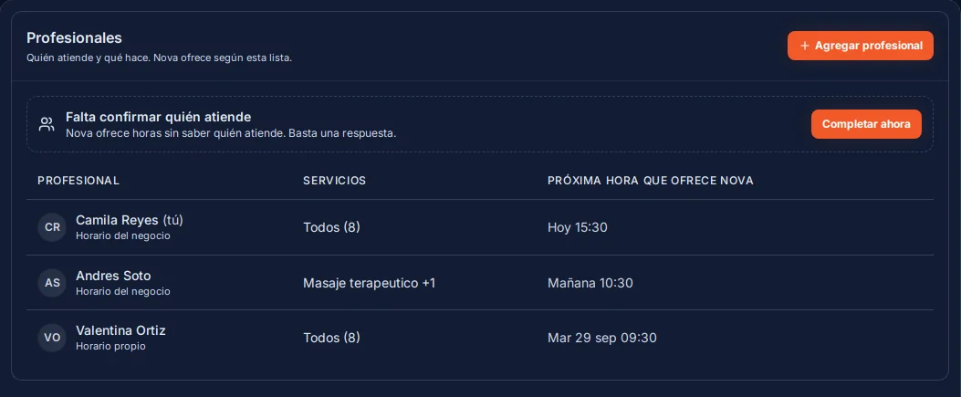 The panel's Professionals tab with each professional, their services and the next slot Nova offers
