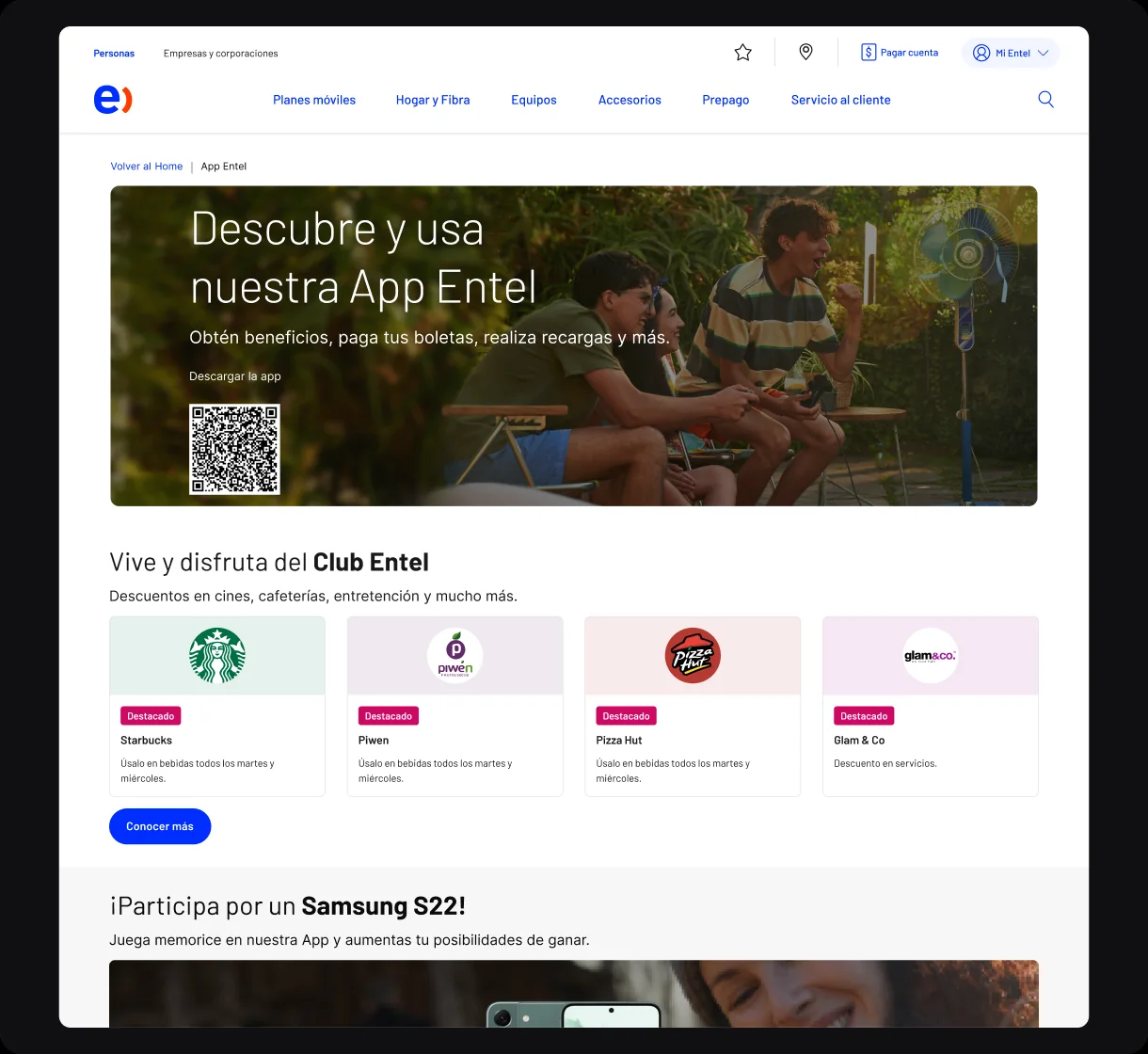 Club Entel web page with featured benefits, prices and visible conditions