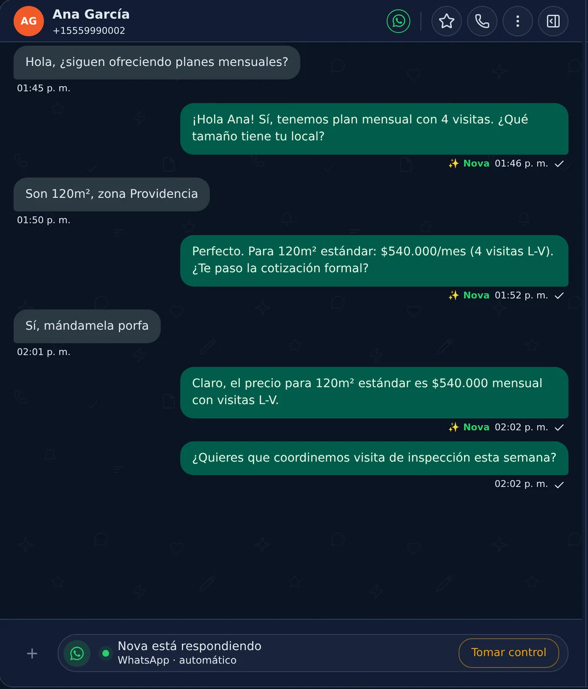 A real conversation in the panel with Nova answering and the Take control button