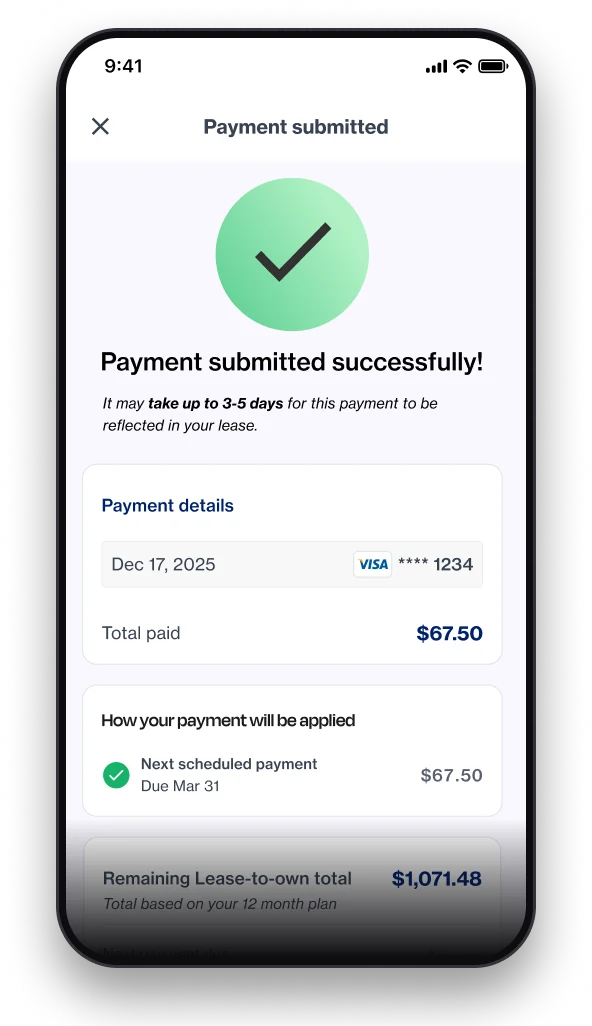 Three screens from the new payment flow: one screen, confirmation, and done — 3