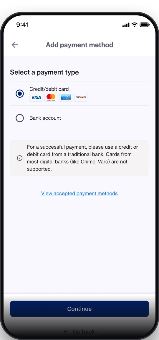 New payment methods screen with the saved method front and center