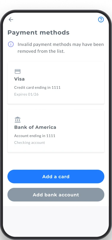 Previous payment methods screen, buried in the menu
